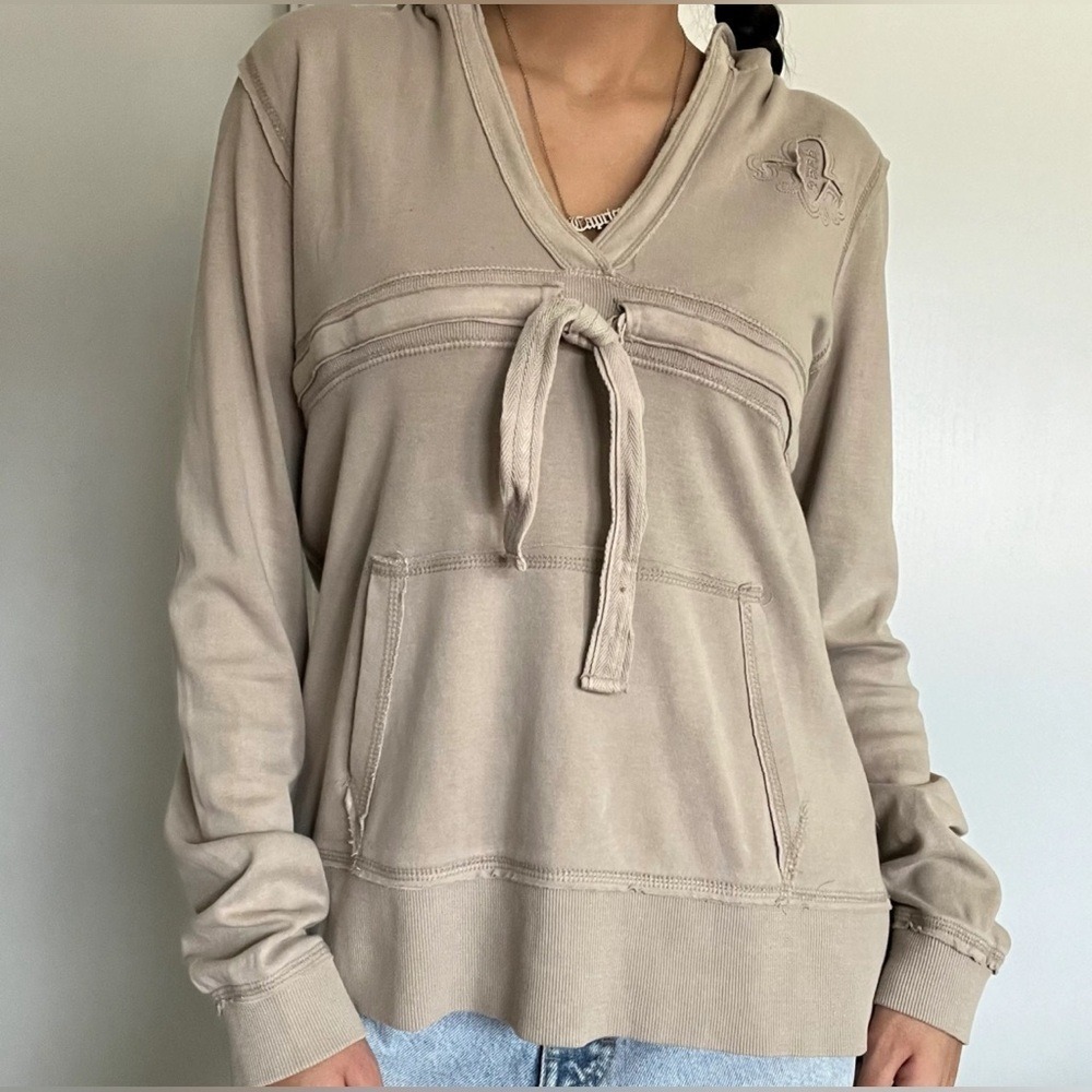 BCBG Max Azria Hooded Sweatshirt Y2K Babydoll Size XL Stone V Neck‎ Cotton
